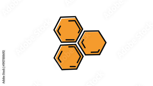 Hand drawn honeycomb cells illustration with orange color fill and black outlines representing bees, honey, and natural structures.