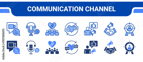 Communication Channel Icon Collection,  featuring Video Chat, Podcast, Public Relation, Engagement, Influencer, Sponsorship, Audience.
