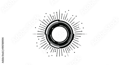 Abstract Sunburst Portal Logo with Geometric Rays and Central Ring, Minimalist Black and White Celestial Star Icon Vector Illustration