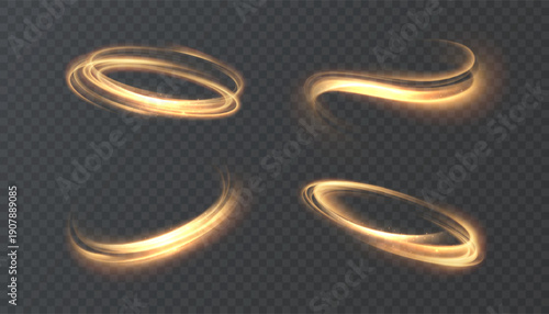 Set of abstract golden light rings, glowing swirl arcs and magic neon trails on transparent background.