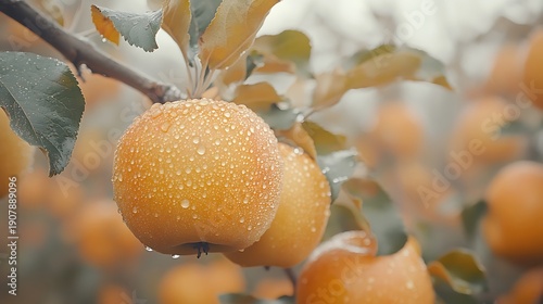 Wet Golden Apples on Tree Branch.