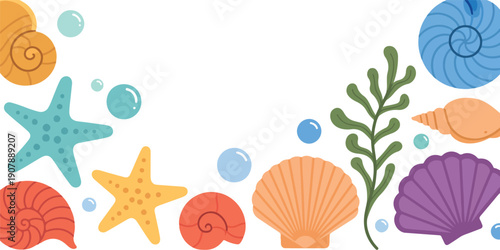 Cute Seashell and Starfish Outline Collection  Coral, Seaweed and Ocean Elements