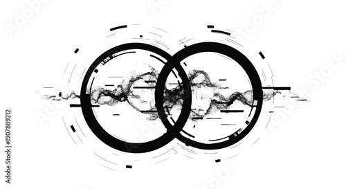 Modern abstract infinity symbol with grungy distressed effect in black and white, representing unity and connection in a circular design