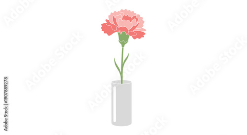 Elegant minimalist illustration: single pink carnation in a simple grey vase symbolizing pure love admiration and distinction for Mother's Day, Generative AI.
