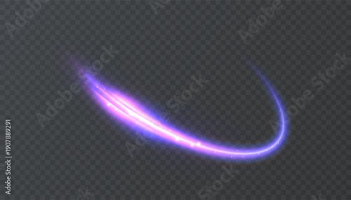 A bright purple light line with a curved direction and a glowing bright trail. A light beam that imitates the bright trail of a light stream.
