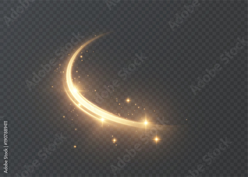 A soft, golden, glowing arc with a bright shine and sparkle on a dark background. An elegant, glowing curve for highlighting, creating magical accents, energetic effects and overlays.