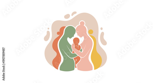 Progressive tender abstract illustration: two nurturing women holding a baby enveloped by soft organic shapes symbolizing inclusive love and modern family, Generative AI.
