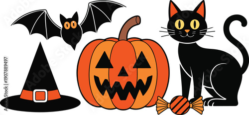 Cute Halloween Outline Collection  Witch Hat, Pumpkin, and Candy