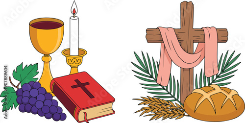 Christian Communion Outline Set  Bible, Chalice, Cross, and Candle