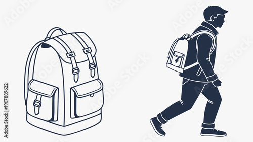 Man walking with backpack and closeup view of backpack