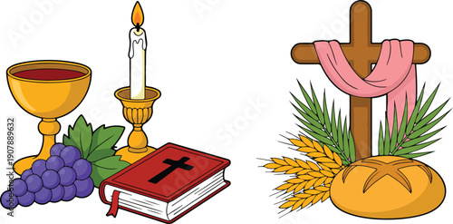 Christian Communion Outline Set  Bible, Chalice, Cross, and Candle