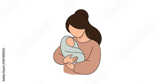 Charming cartoon: loving mother gently holding her swaddled baby radiating comfort security and deep maternal affection, Generative AI.