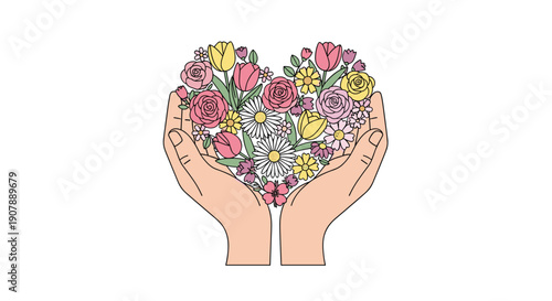 Heartfelt illustration: hands cupping a vibrant heart formed by colorful flowers symbolizing love care generosity and blossoming affection, Generative AI.