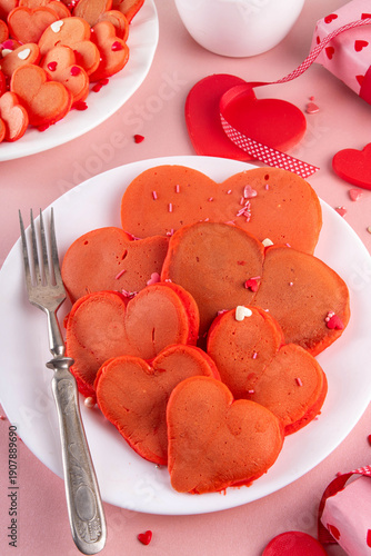 Red velvet pancakes in form of hearts for Valentine Day