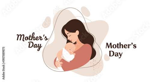 Heartwarming Illustration of a Mother Tenderly Holding Her Sleeping Baby Surrounded by Soft Organic Shapes and 'Mother's Day' Text Expressing Serene Love and Maternal Devotion, Generative AI.
