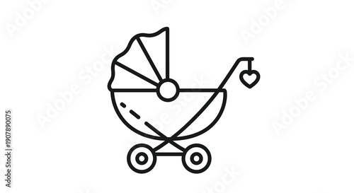 Clean Minimalist Line Art Icon of a Baby Stroller or Pram Featuring a Sweet Heart Charm Symbolizing Infant Care Parenthood and the Joy of Welcoming a New Child, Generative AI.