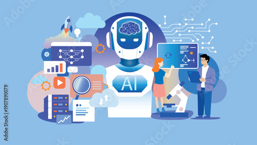 Modern flat illustration of artificial intelligence and human collaboration, showing a humanoid AI, data analytics, machine learning, robotics, and digital technology concepts for business