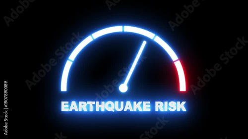 Earthquake risk level meter showing progress from beginner low red zone to expert high blue zone. earthquake risk level speedometer gauge with low and high levels.