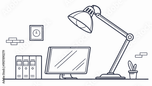 Modern office workspace with computer and lamp on desk