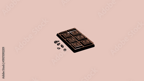 Illustration of chocolate bar with cocoa beans against a blush pink backdrop