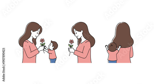 Charming cartoon series: boy giving flower to mother captured from various angles symbolizing love gratitude and heartfelt appreciation, Generative AI.