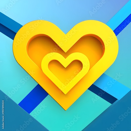 Abstract yellow heart shape with depth and shadow on a blue and teal background with diagonal lines