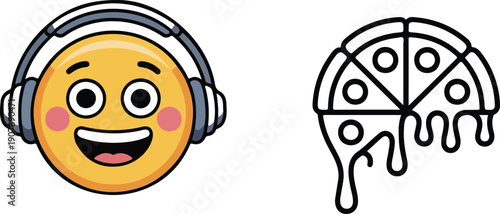 Fun Emoji Outline Icon Set  Headphones, Pizza, and Happy Faces
