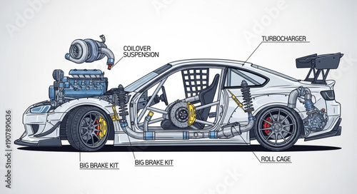 Detailed Technical Drawing of Racing Car.
