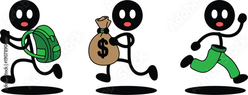 Cartoon Thief Outline Icon Set  Sneaking, Stealing, and Escape Actions