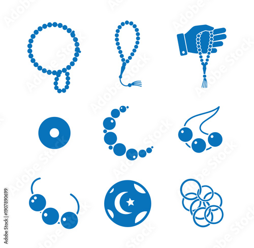 blue prayer beads and rosary icons with various shapes and designs on white background