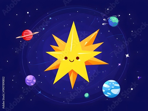 Cheerful cartoon star character with a smiling face, surrounded by planets and stars in a dark blue galaxy background