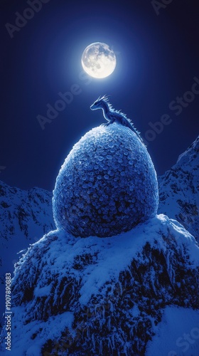 A small dragon sits atop a snow-covered formation, illuminated by a full moon in the night sky. Mountain peaks are visible. AI.