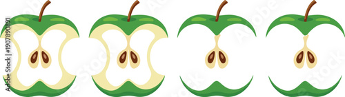 Green Apple Bite Outline Illustration Set  Step-by-Step Eating Process