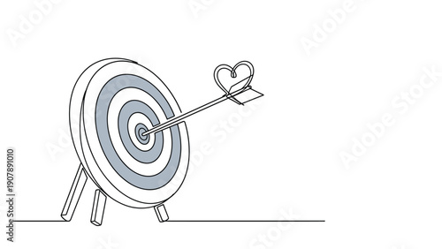 Target board with a heart shaped fletching on the arrow hitting the bullseye in a continuous line drawing for love and success.