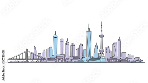 Modern city skyline line art illustration featuring various skyscrapers, towers, and a suspension bridge for urban architecture themes.