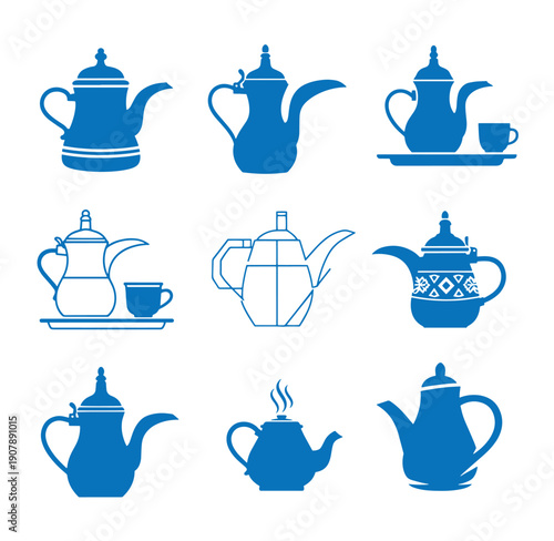 Blue teapot icons in various styles and designs on white background