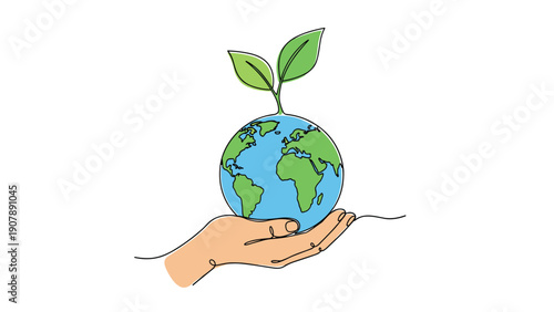 Human hand holding a globe with a small green plant growing on top representing environmental protection and global sustainability.