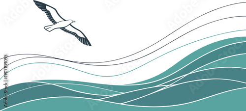 Abstract ocean waves with a bird flying overhead, a stylized representation of nature and freedom