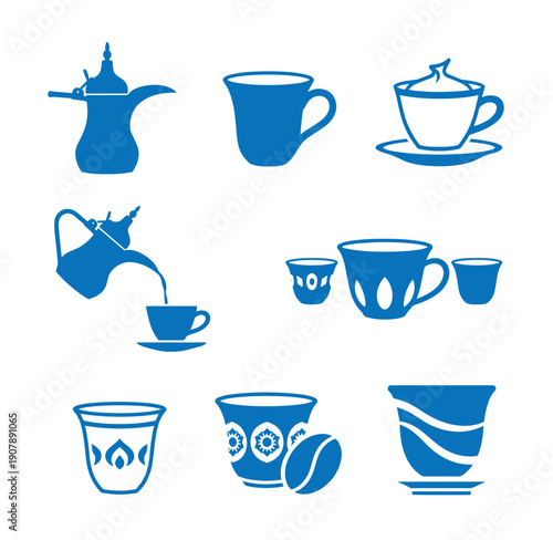 Blue silhouettes of various tea cups and coffee mugs with teapot on white background
