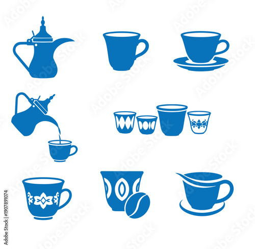 collection of blue coffee cups and teapot on white background for beverage concept