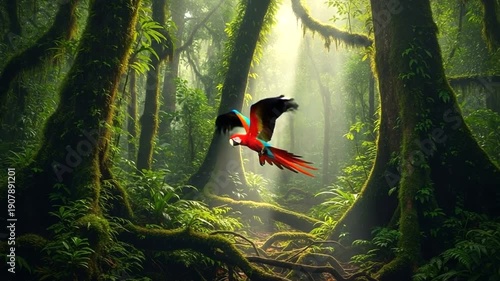 Vibrant Macaw Parrot Flies Through Sunlit Lush Rainforest Canopy.
