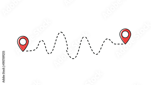 Dashed line showing a travel path between two red location pins symbolizes route planning and navigation on a white background.