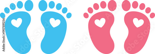 Baby footprints icon set in blue and pink colors featuring cute newborn foot prints with heart shape, parenting and newborn love concept isolated on white background.