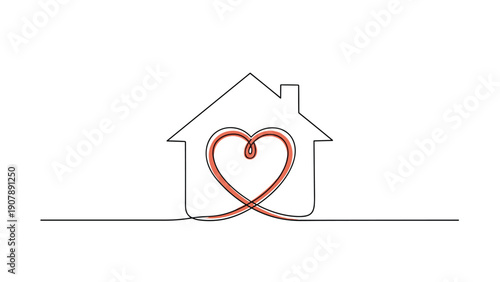 Continuous line drawing of a simple house shape with a red heart in the center symbolizing home, love, and family warmth.