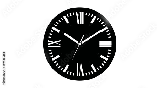 A black and white graphic of a clock face. The hands point to around the ten o'clock mark
