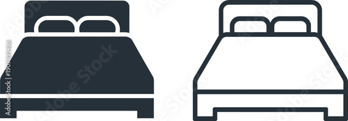 Bed icon set in solid and outline styles featuring bedroom furniture symbol, sleeping and hotel accommodation concept isolated on white background for interior design.
