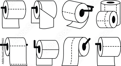 Black and white line art illustration of toilet paper roll holders in different orientations and designs, perfect for bathroom decor, household icons, and hygiene themes