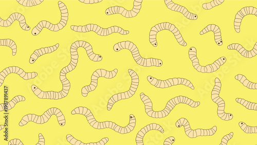 Seamless pattern featuring cute cartoon worms with segment lines crawling across a bright yellow background for playful design.