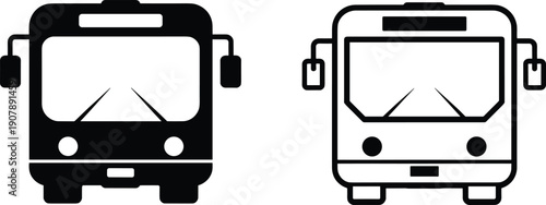 Bus icon set in solid and outline styles featuring public transport vehicle symbols, city transit and travel illustration isolated on white background for web and app design.