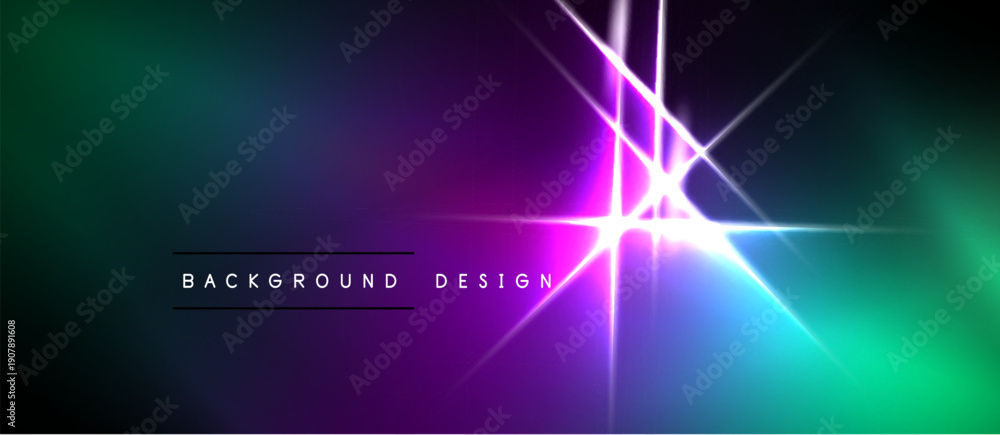 Obraz premium Abstract vibrant background. Gradient blends purple, green hues. Bright light rays intersect, creating dynamic visual effect. Text reads background design.